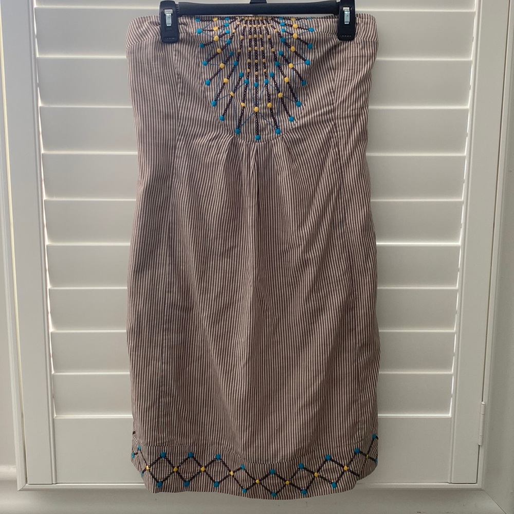 Anthropologie Brown and white striped/mustard and turquoise details dress